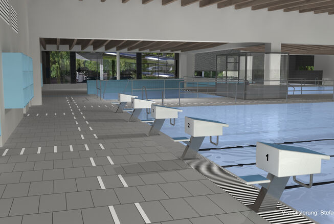 Bild vergrößern: Funktionalschwimmhalle - Einblick in die Schwimmhalle (Vordergrund Startblöcke)