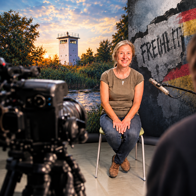 Bild vergr&ouml;&szlig;ern: Kerstin Piwellek und weitere neun Zeitzeuginnen und Zeitzeugen berichten &uuml;ber die Wendezeit in Hennigsdorf, f&uuml;llen Aufnahmen, die an den Grenzturm in Nieder Neuendorf projiziert werden. Das Ganze inszeniert die Stadt gemeinsam mit dem Lichtgestalter Henning Schletter. &copy; KI / Alexander Dieck